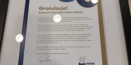 Podziękowania dla gości jubileuszu Szkoły